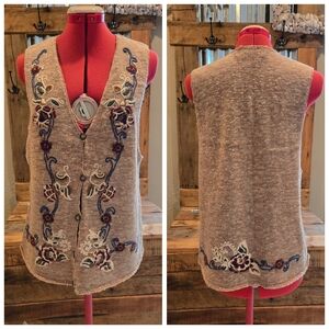 Vtg Embroidered Sweater Vest M Brown Marled Gina Peters Flowers